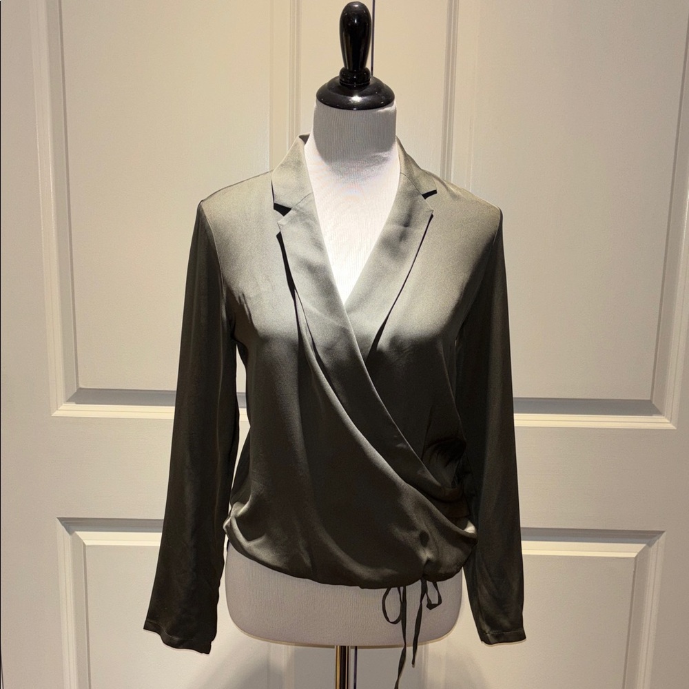 Theory Hunter Green Silk Wrap Blouse